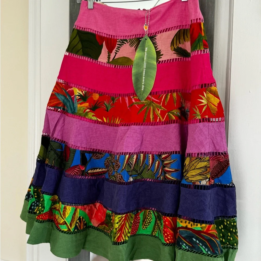 FARM Rio Rainbow Mixed Prints Tiered Midi Skirt Gypsy Bohemian - Picture 10 of 15